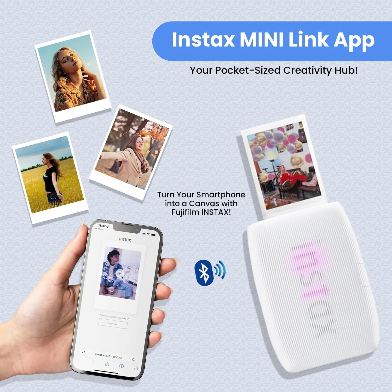 Fujifilm INSTAX Mini Link 3 Smartphone Printer   INSTAX Mini Instant Film (20 Sheets)   USB Wall Charger   BluebirdSales Travel Bag, Photo Album, Microfiber Cleaning Cloth (Clay White)