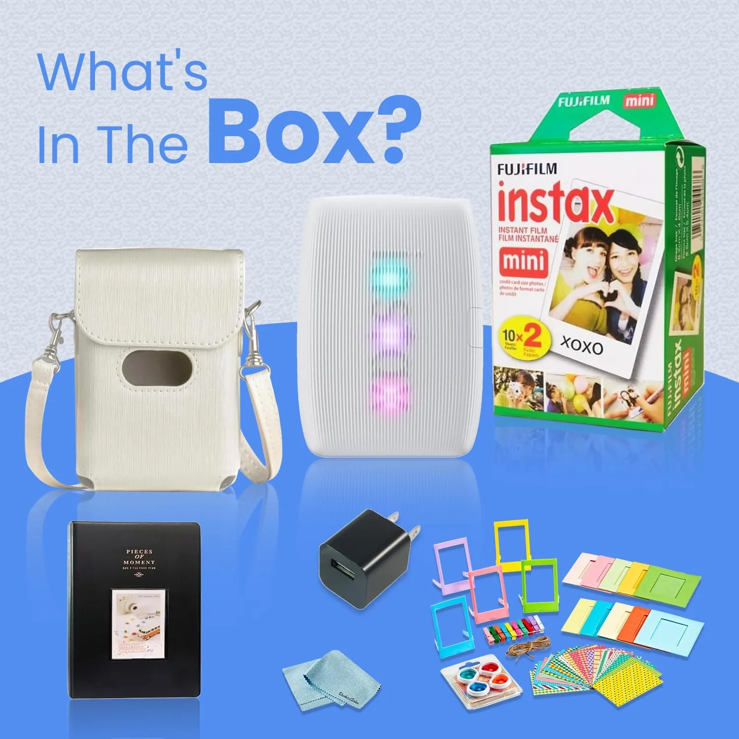 Fujifilm INSTAX Mini Link 3 Smartphone Printer   INSTAX Mini Instant Film (20 Sheets)   USB Wall Charger   BluebirdSales Travel Bag, Photo Album, Microfiber Cleaning Cloth (Clay White)