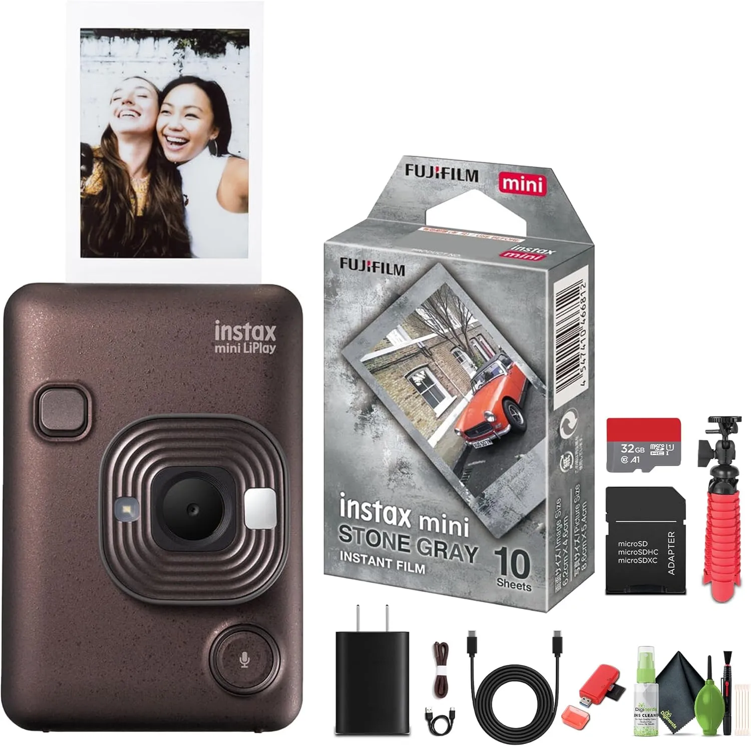 Fujifilm INSTAX Mini LiPlay Hybrid Instant Camera Bundle with Fuji Instax Mini Stone Gray Instant Film (10 Exposures), 32GB Micro SD Card   Flexible Tripod   More Accessories (Deep Bronze)
