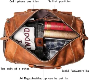 Full Grain Leather Travel Duffel Bag, Leather Weekend Bag with Shoe Compartment, Mens Classic Gift Carry on Bag (Carry-On 22-Inch)