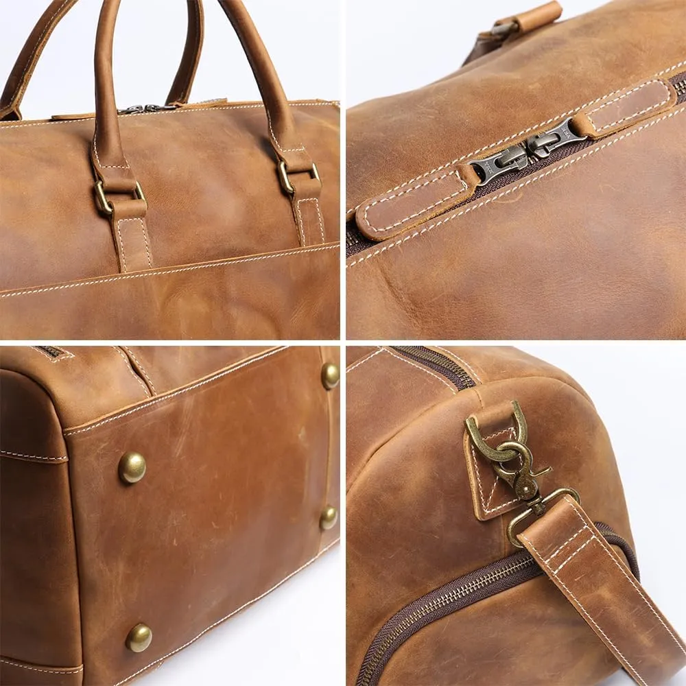Full Grain Leather Travel Duffel Bag, Leather Weekend Bag with Shoe Compartment, Mens Classic Gift Carry on Bag (Carry-On 22-Inch)