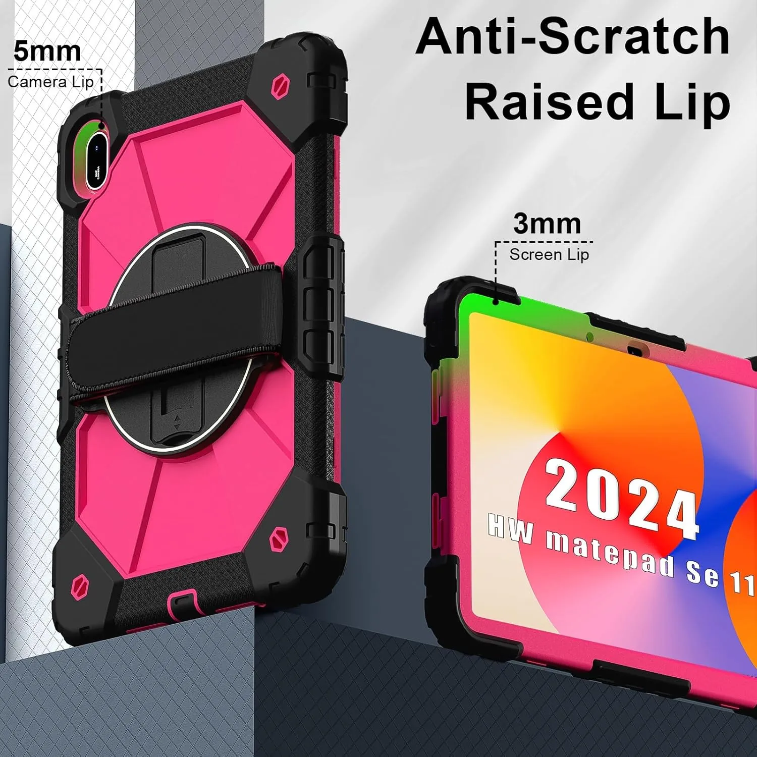 Full Protective Case Compatible with Huawei Matepad SE 11inch 2024 Shockproof Kids Case,[Kickstand] [Shoulder Strap] 360 Degree Rotating Hand Strap Stand Bracket Heavy Duty Rugged Cover(Black Rose Red