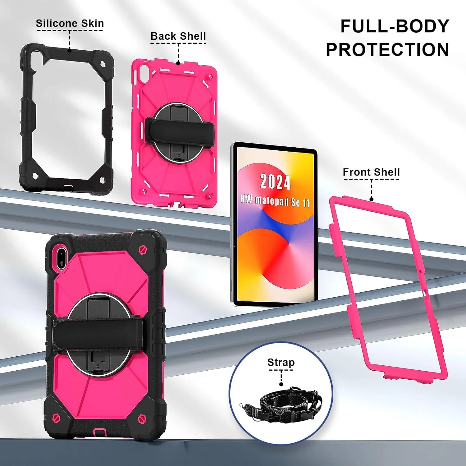Full Protective Case Compatible with Huawei Matepad SE 11inch 2024 Shockproof Kids Case,[Kickstand] [Shoulder Strap] 360 Degree Rotating Hand Strap Stand Bracket Heavy Duty Rugged Cover(Black Rose Red