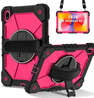 Full Protective Case Compatible with Huawei Matepad SE 11inch 2024 Shockproof Kids Case,[Kickstand] [Shoulder Strap] 360 Degree Rotating Hand Strap Stand Bracket Heavy Duty Rugged Cover(Black Rose Red