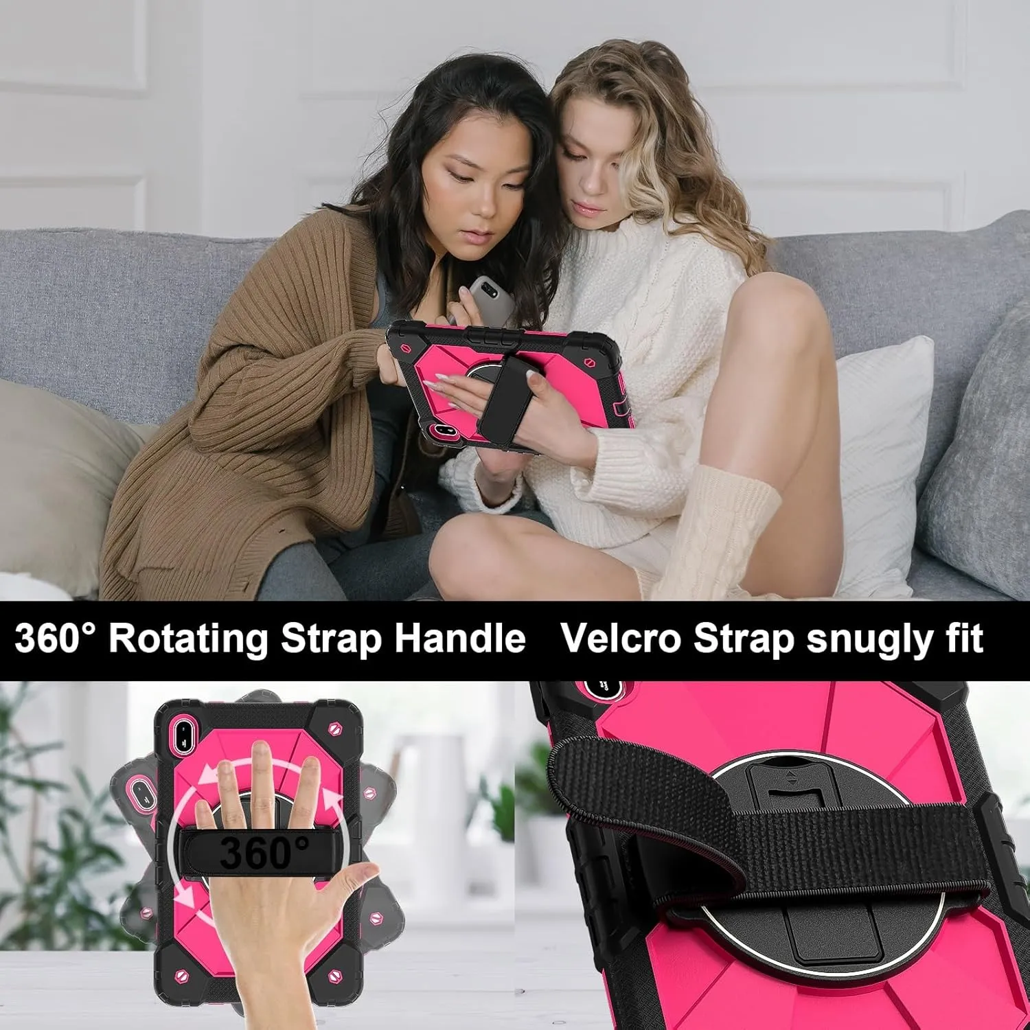 Full Protective Case Compatible with Huawei Matepad SE 11inch 2024 Shockproof Kids Case,[Kickstand] [Shoulder Strap] 360 Degree Rotating Hand Strap Stand Bracket Heavy Duty Rugged Cover(Black Rose Red