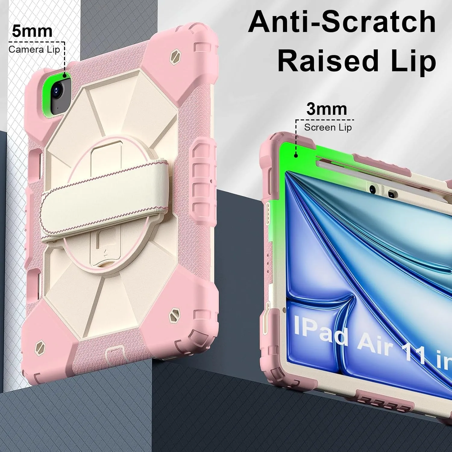 Full Protective Case Compatible with iPad Air 11inch M2 A2902 Released 2024 Shockproof Kids Case,[Kickstand] [Shoulder Strap] 360 Degree Rotating Hand Strap Stand Bracket Heavy Duty Rugged Cover(Rose