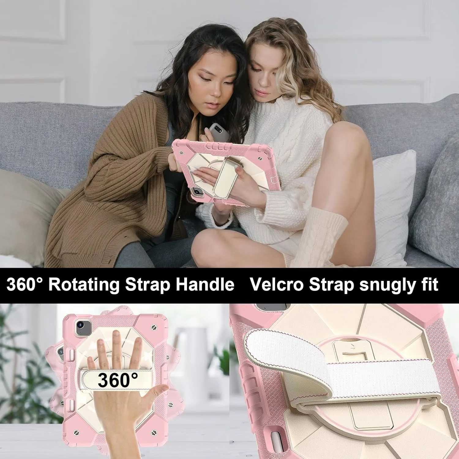 Full Protective Case Compatible with iPad Air 11inch M2 A2902 Released 2024 Shockproof Kids Case,[Kickstand] [Shoulder Strap] 360 Degree Rotating Hand Strap Stand Bracket Heavy Duty Rugged Cover(Rose