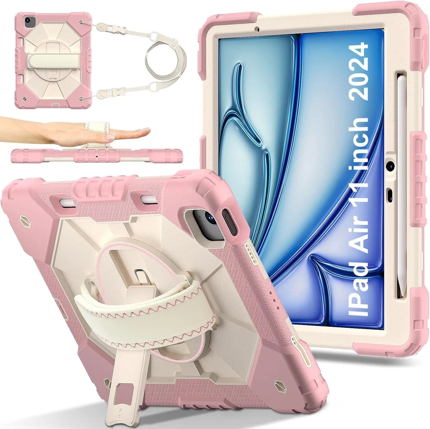 Full Protective Case Compatible with iPad Air 11inch M2 A2902 Released 2024 Shockproof Kids Case,[Kickstand] [Shoulder Strap] 360 Degree Rotating Hand Strap Stand Bracket Heavy Duty Rugged Cover(Rose