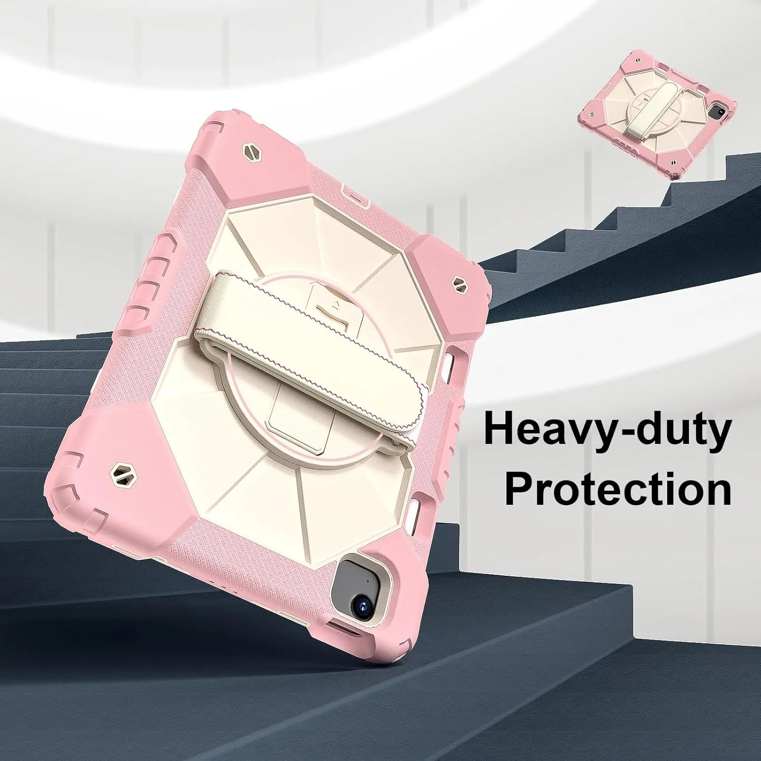 Full Protective Case Compatible with iPad Air 11inch M2 A2902 Released 2024 Shockproof Kids Case,[Kickstand] [Shoulder Strap] 360 Degree Rotating Hand Strap Stand Bracket Heavy Duty Rugged Cover(Rose