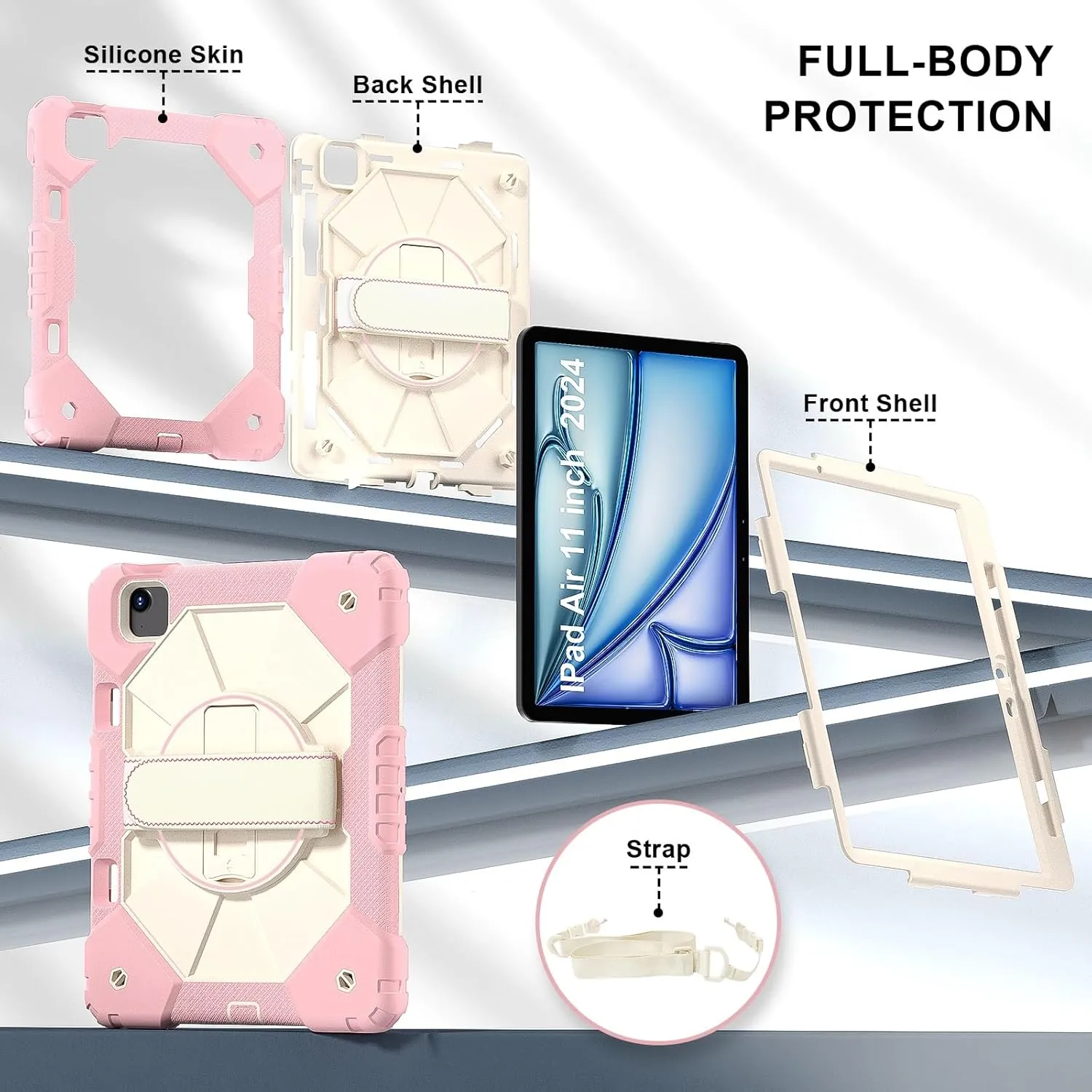 Full Protective Case Compatible with iPad Air 11inch M2 A2902 Released 2024 Shockproof Kids Case,[Kickstand] [Shoulder Strap] 360 Degree Rotating Hand Strap Stand Bracket Heavy Duty Rugged Cover(Rose