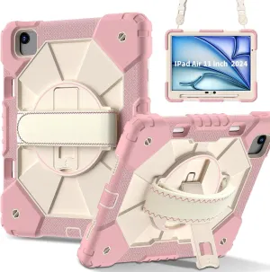 Full Protective Case Compatible with iPad Air 11inch M2 A2902 Released 2024 Shockproof Kids Case,[Kickstand] [Shoulder Strap] 360 Degree Rotating Hand Strap Stand Bracket Heavy Duty Rugged Cover(Rose