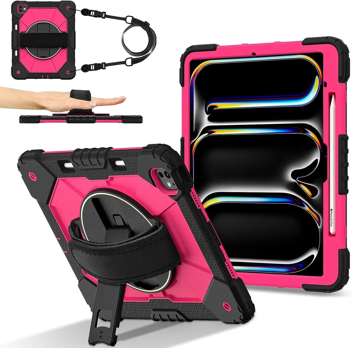Full Protective Case Compatible with iPad Pro 13inch 2024 Shockproof Kids Case,[Kickstand] [Shoulder Strap] 360 Degree Rotating Hand Strap Stand Bracket Heavy Duty Rugged Cover(Black Rose Red)