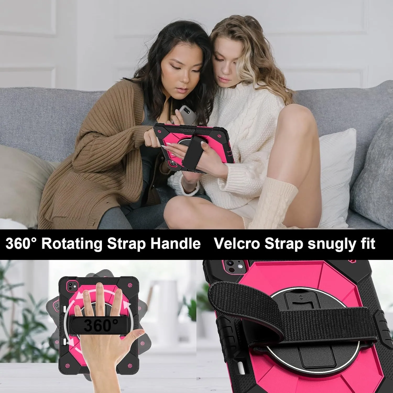 Full Protective Case Compatible with iPad Pro 13inch 2024 Shockproof Kids Case,[Kickstand] [Shoulder Strap] 360 Degree Rotating Hand Strap Stand Bracket Heavy Duty Rugged Cover(Black Rose Red)