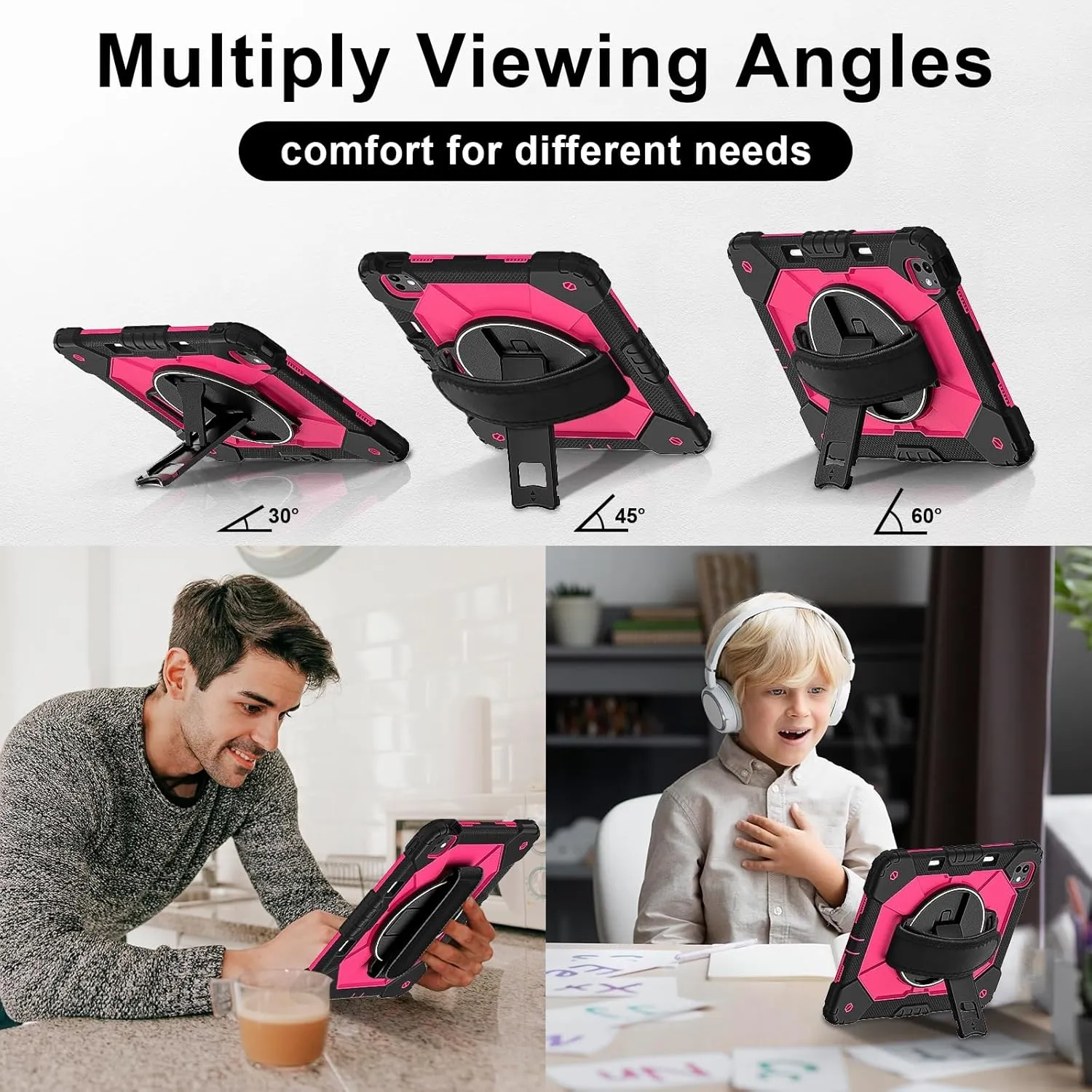 Full Protective Case Compatible with iPad Pro 13inch 2024 Shockproof Kids Case,[Kickstand] [Shoulder Strap] 360 Degree Rotating Hand Strap Stand Bracket Heavy Duty Rugged Cover(Black Rose Red)