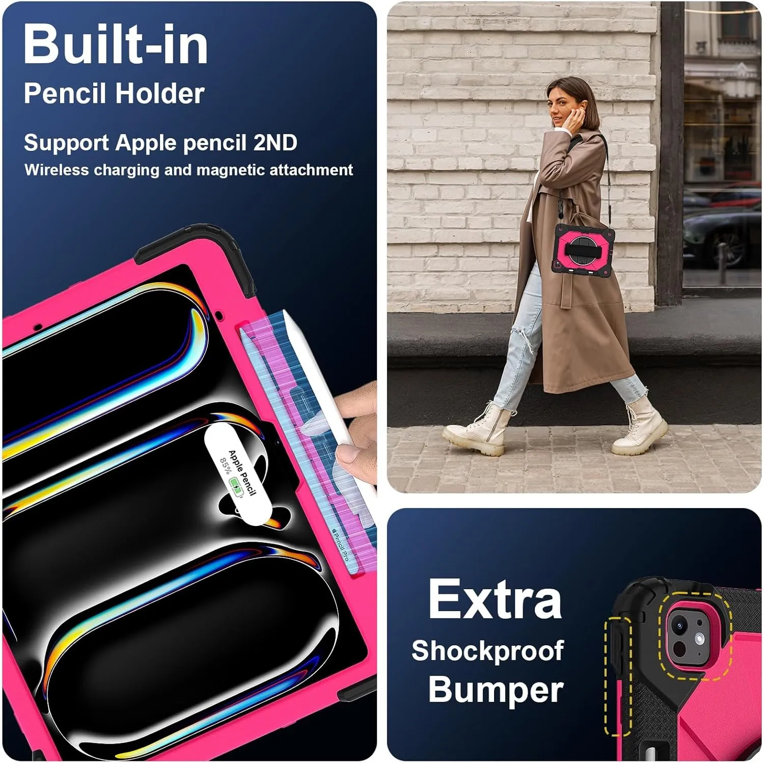 Full Protective Case Compatible with iPad Pro 13inch 2024 Shockproof Kids Case,[Kickstand] [Shoulder Strap] 360 Degree Rotating Hand Strap Stand Bracket Heavy Duty Rugged Cover(Black Rose Red)