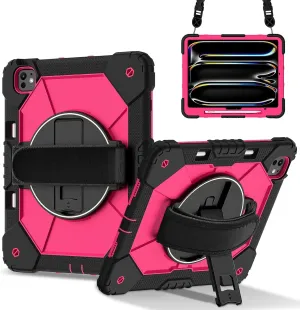 Full Protective Case Compatible with iPad Pro 13inch 2024 Shockproof Kids Case,[Kickstand] [Shoulder Strap] 360 Degree Rotating Hand Strap Stand Bracket Heavy Duty Rugged Cover(Black Rose Red)