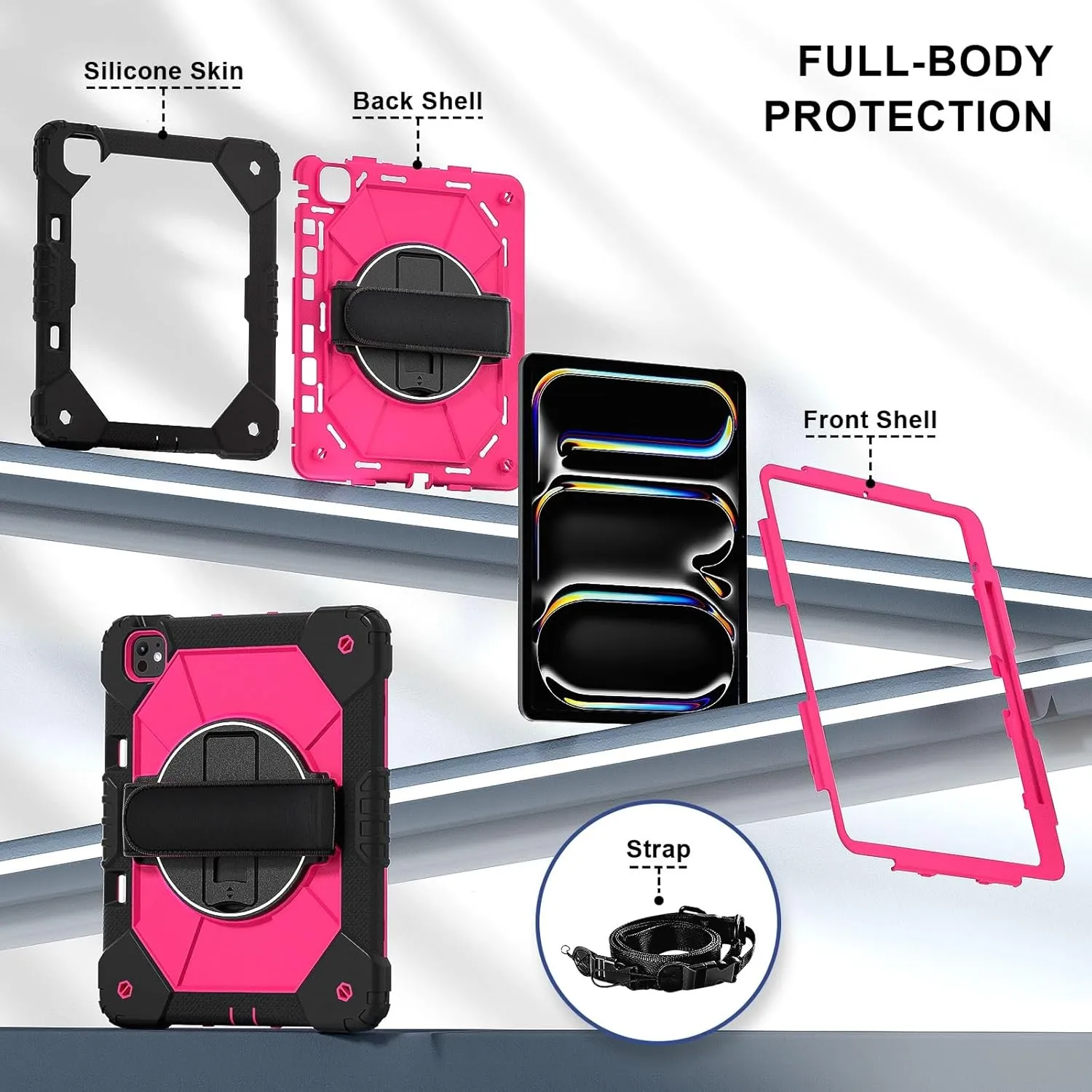 Full Protective Case Compatible with iPad Pro 13inch 2024 Shockproof Kids Case,[Kickstand] [Shoulder Strap] 360 Degree Rotating Hand Strap Stand Bracket Heavy Duty Rugged Cover(Black Rose Red)