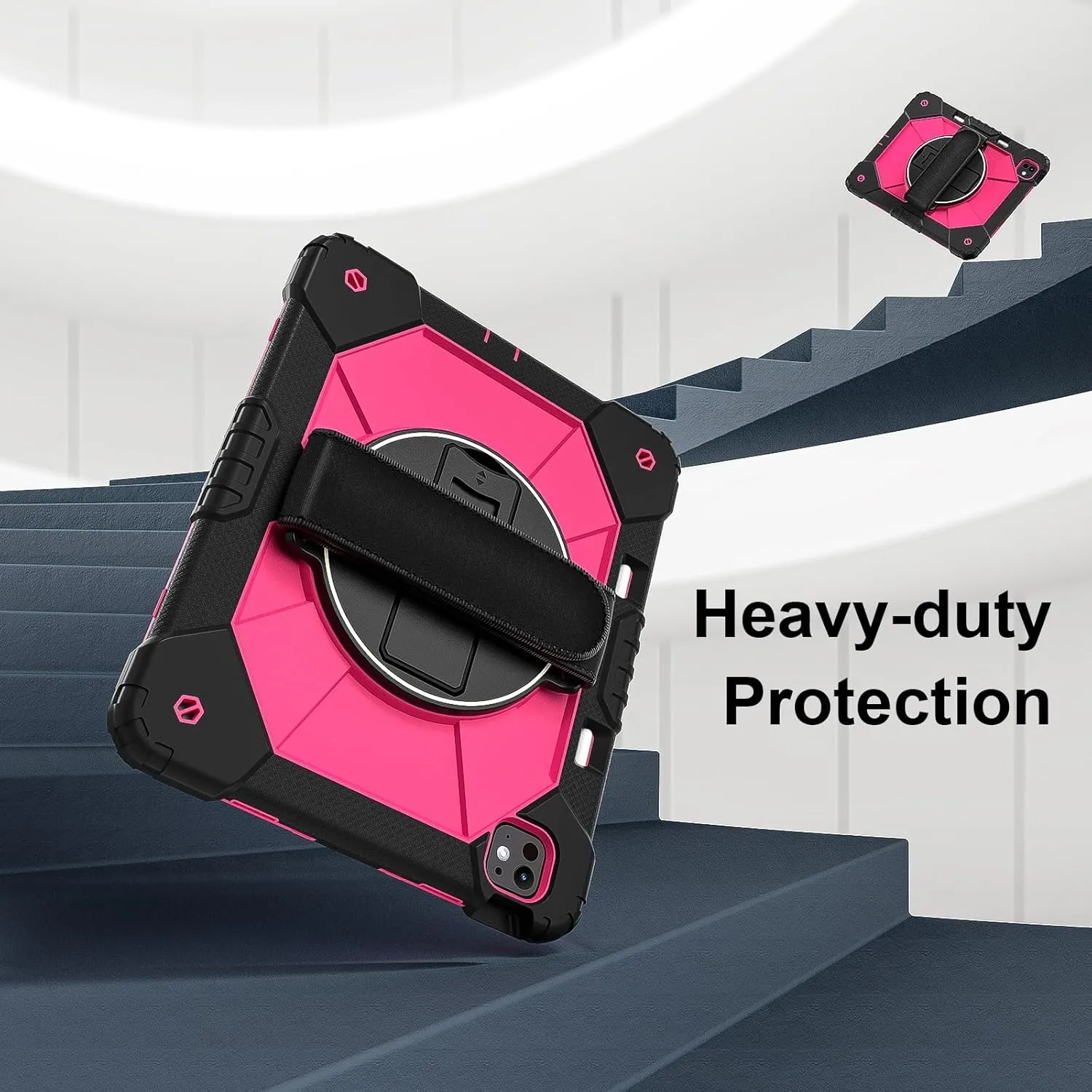 Full Protective Case Compatible with iPad Pro 13inch 2024 Shockproof Kids Case,[Kickstand] [Shoulder Strap] 360 Degree Rotating Hand Strap Stand Bracket Heavy Duty Rugged Cover(Black Rose Red)