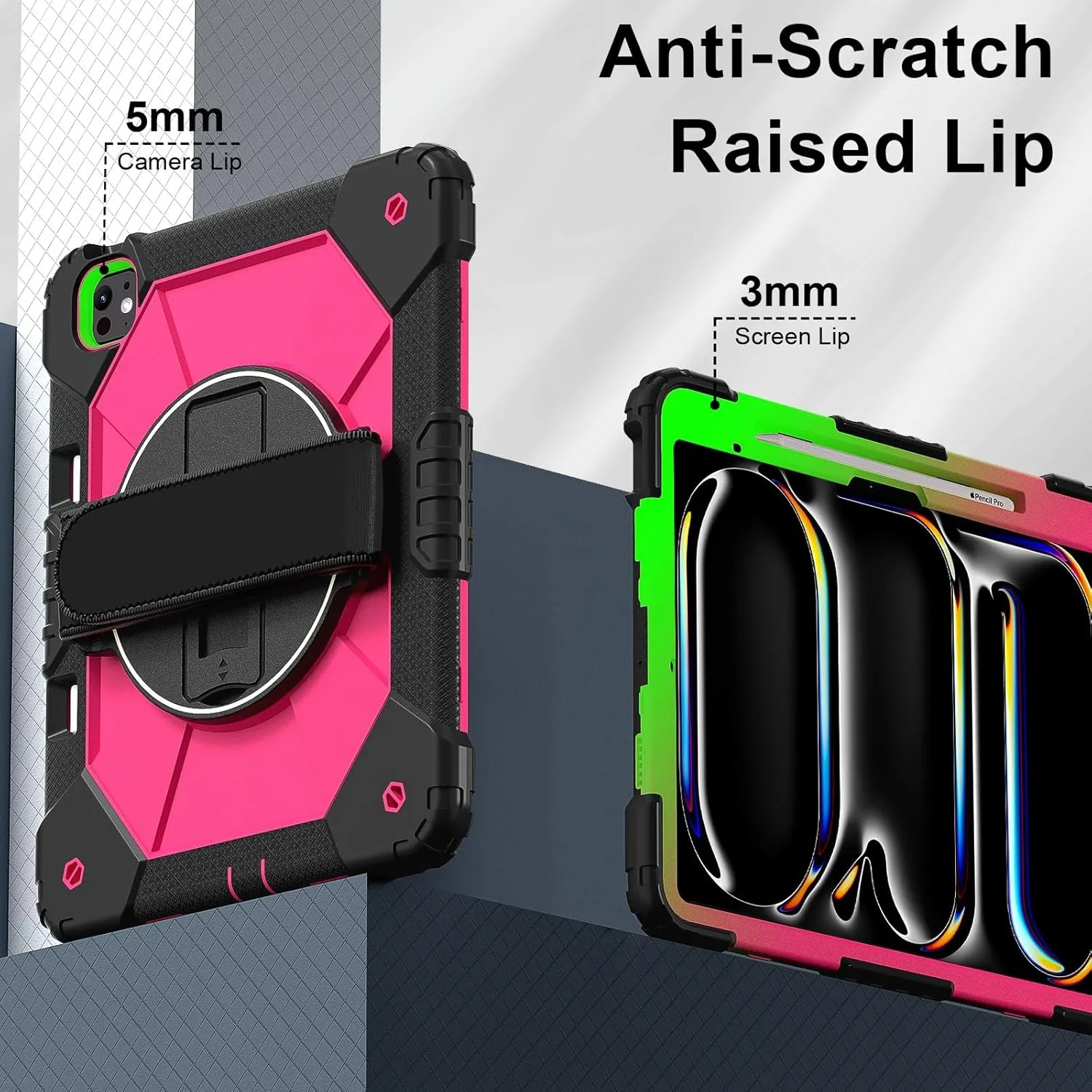 Full Protective Case Compatible with iPad Pro 13inch 2024 Shockproof Kids Case,[Kickstand] [Shoulder Strap] 360 Degree Rotating Hand Strap Stand Bracket Heavy Duty Rugged Cover(Black Rose Red)