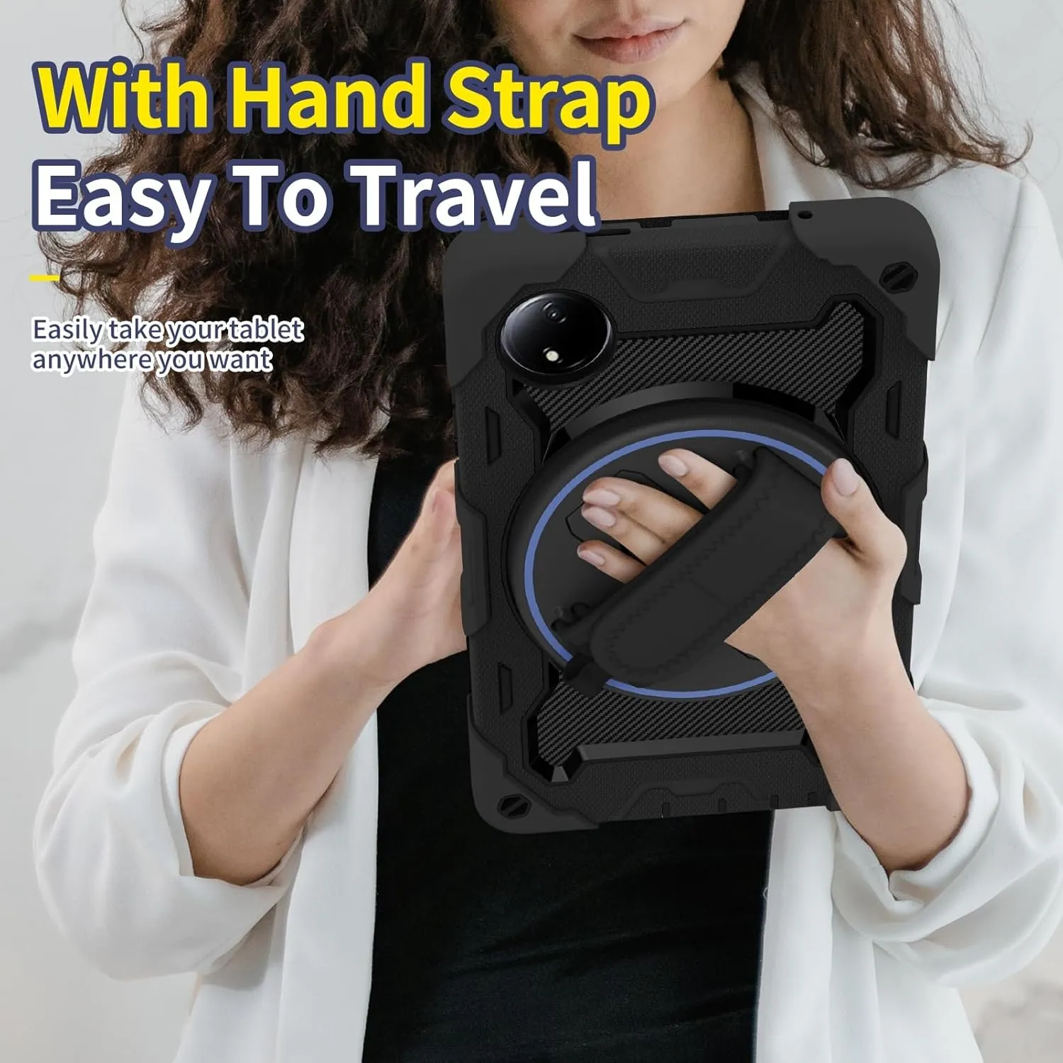 Full Protective Case Kids Case Compatible with Xiaomi Redmi Pad SE 8.7inch 2024,Multi-Angle Elastic Bracket 360° Adjustable Swivel Hand Strap Three-in-one Shatter-Resistant Shell, Drop-Proof,Shoulder