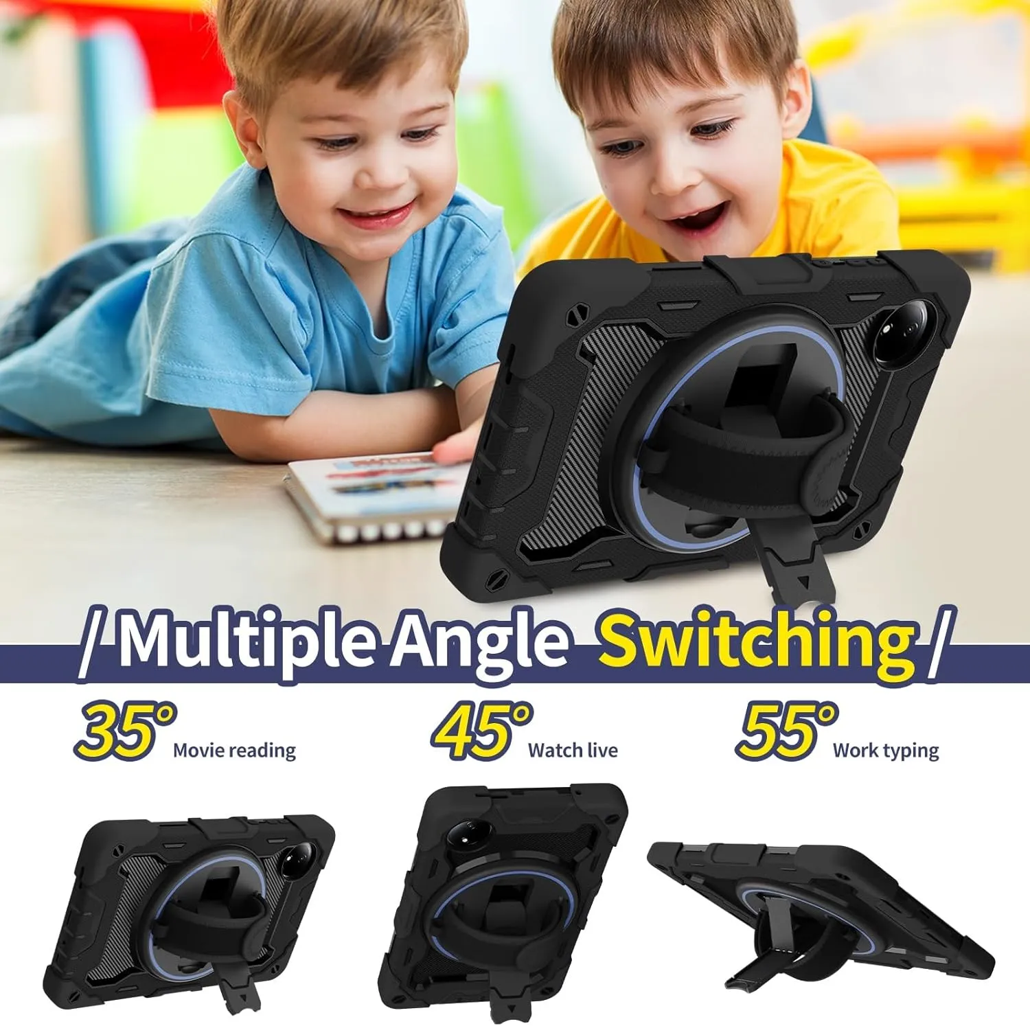 Full Protective Case Kids Case Compatible with Xiaomi Redmi Pad SE 8.7inch 2024,Multi-Angle Elastic Bracket 360° Adjustable Swivel Hand Strap Three-in-one Shatter-Resistant Shell, Drop-Proof,Shoulder