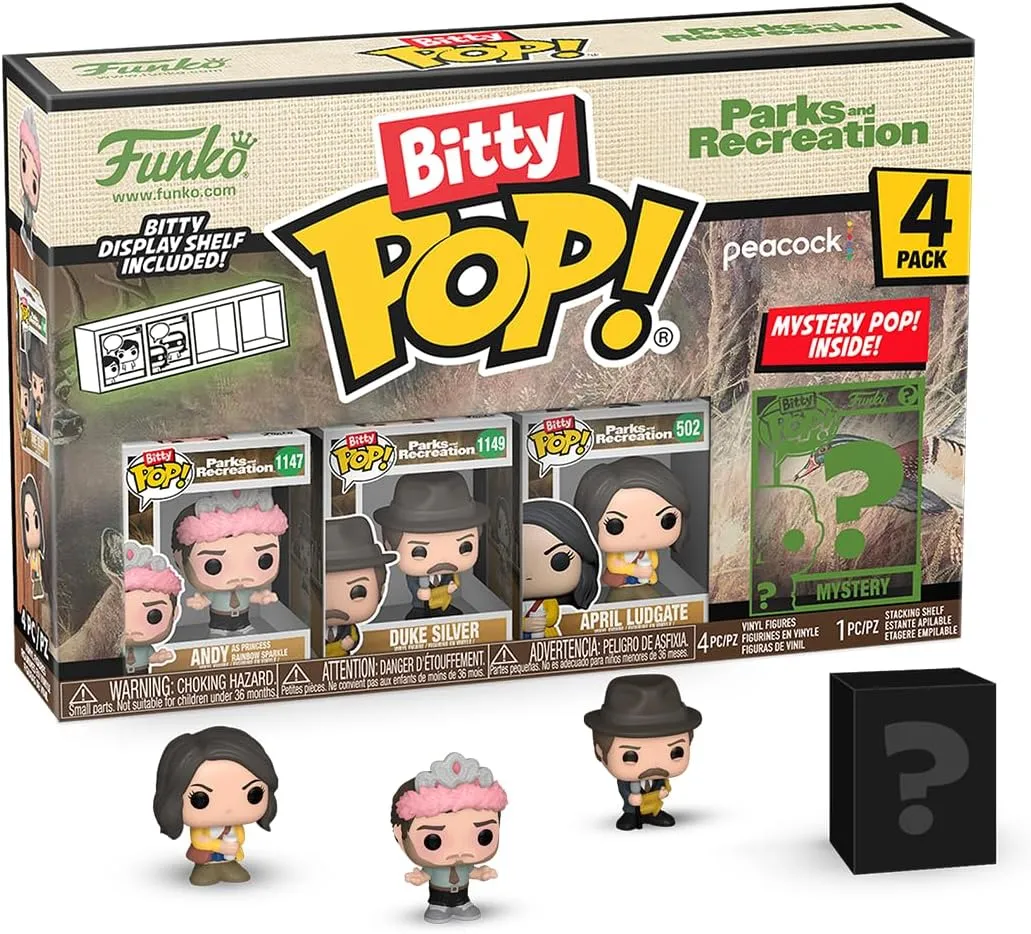 Funko Bitty POP! Parks & Recreation - 4 Pack - Bitty POP! Andy As Princess Rainbow Sparkle, Bitty POP! Duke Silver, Bitty POP! April Ludgate, and a Mystery Bitty POP! Figure - 0.9 Inch (2.2 Cm)