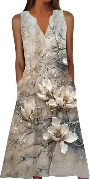 Funny 3D Printed Sleeveless Midi Dress Women Summer Casual V Neck Flowy Tank Dresses Casual Vacation A-Line Sundress