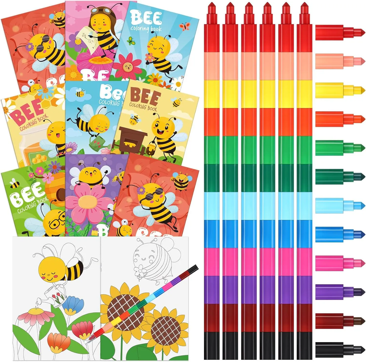 Funrous 24 Sets Bee Coloring Books Bulk with Stackable Crayons Spring Drawing Pages Flower Butterfly Honeycomb Insect Mini Activity Booklets Bee Party Favors Birthday Gift Christmas Goody Bags Fillers