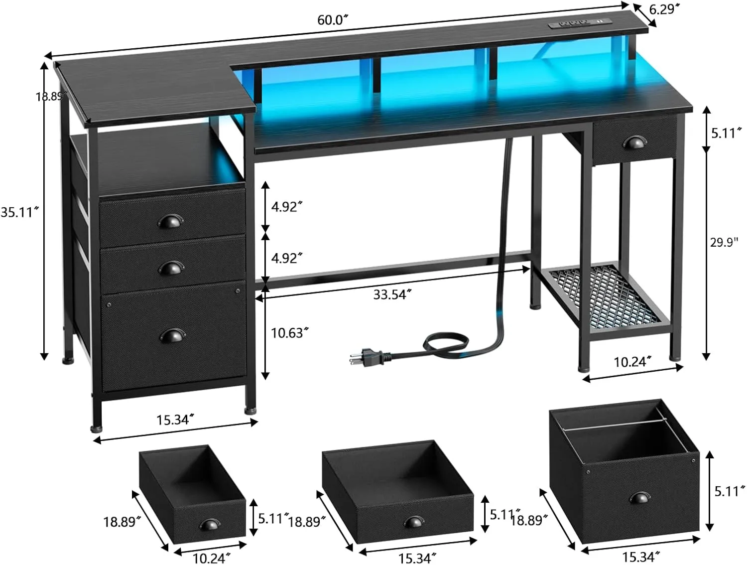 Furologee Black Computer Desk with 4 Drawers, 60" Long Office Desk with Fabric File Cabinet and Power Outlets, Gaming Desk with LED Lights, Study Writing Work Desk for Home Office
