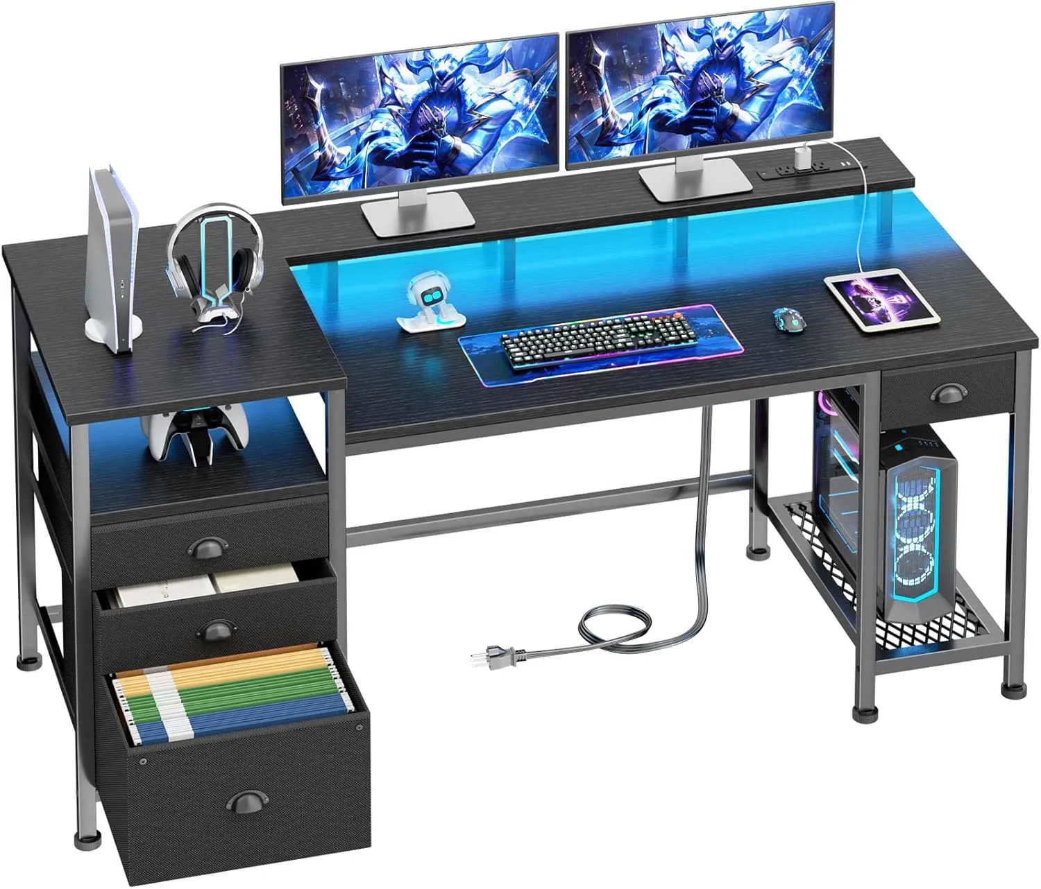 Furologee Black Computer Desk with 4 Drawers, 60" Long Office Desk with Fabric File Cabinet and Power Outlets, Gaming Desk with LED Lights, Study Writing Work Desk for Home Office