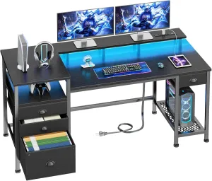 Furologee Black Computer Desk with 4 Drawers, 60" Long Office Desk with Fabric File Cabinet and Power Outlets, Gaming Desk with LED Lights, Study Writing Work Desk for Home Office