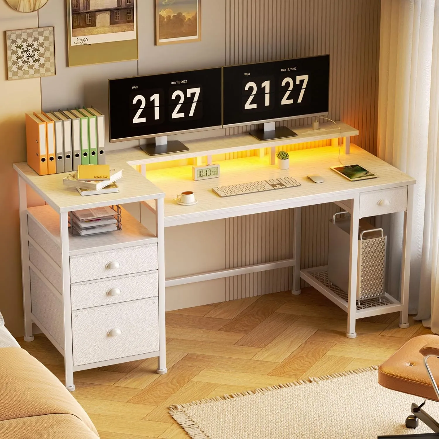 Furologee White Computer Desk with 4 Drawers, 60" Long Office Desk with Fabric File Cabinet and Power Outlets, Gaming Desk with LED Lights, Study Writing Work Desk with Shelf for Home Office