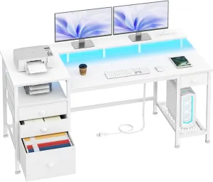 Furologee White Computer Desk with 4 Drawers, 60" Long Office Desk with Fabric File Cabinet and Power Outlets, Gaming Desk with LED Lights, Study Writing Work Desk with Shelf for Home Office
