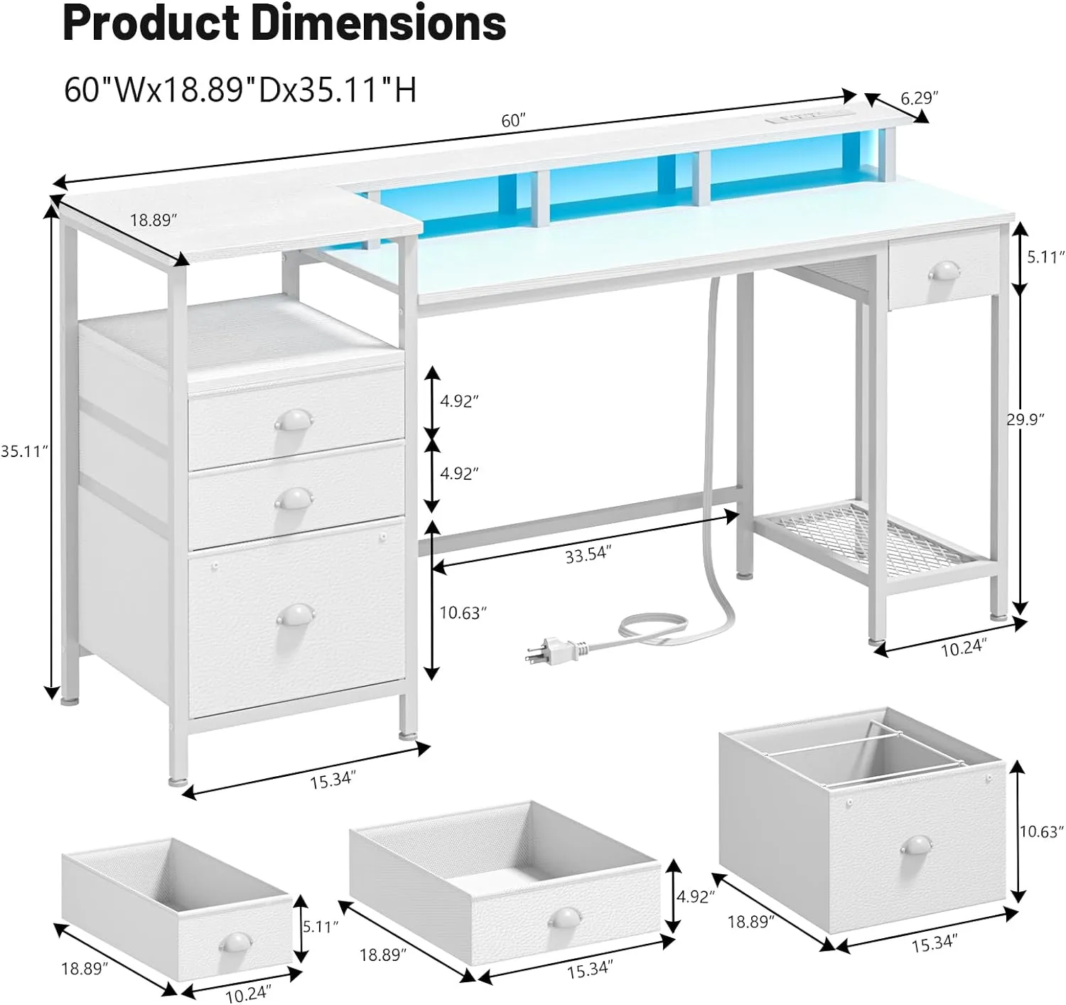 Furologee White Computer Desk with 4 Drawers, 60" Long Office Desk with Fabric File Cabinet and Power Outlets, Gaming Desk with LED Lights, Study Writing Work Desk with Shelf for Home Office