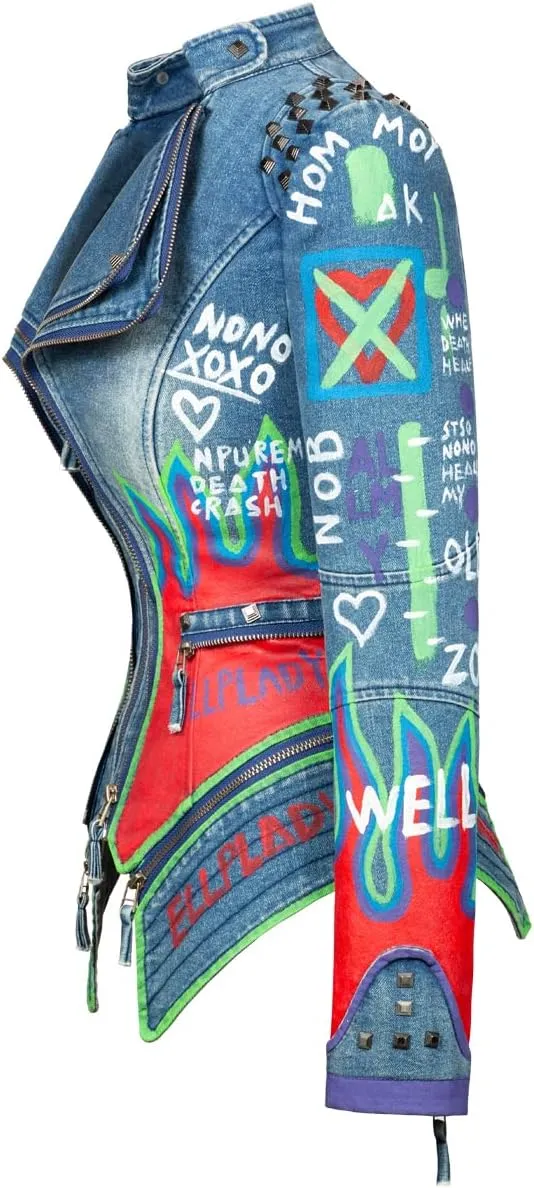 FUYUAN Women's fashion studs perfectly shaped artificial leather jacket graffiti punk motorcycle jacket