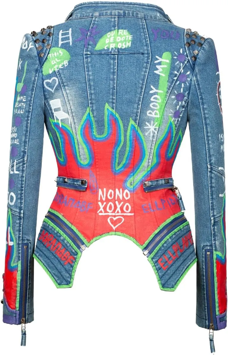 FUYUAN Women's fashion studs perfectly shaped artificial leather jacket graffiti punk motorcycle jacket