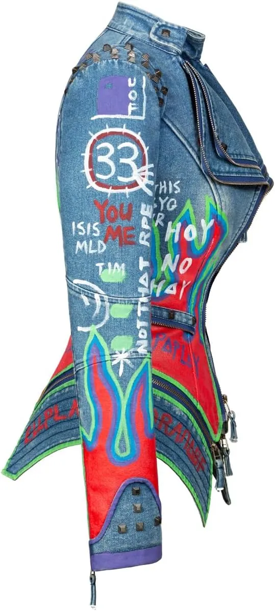 FUYUAN Women's fashion studs perfectly shaped artificial leather jacket graffiti punk motorcycle jacket