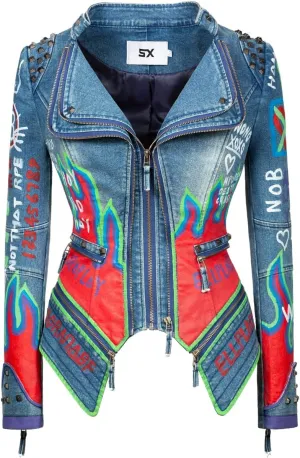 FUYUAN Women's fashion studs perfectly shaped artificial leather jacket graffiti punk motorcycle jacket