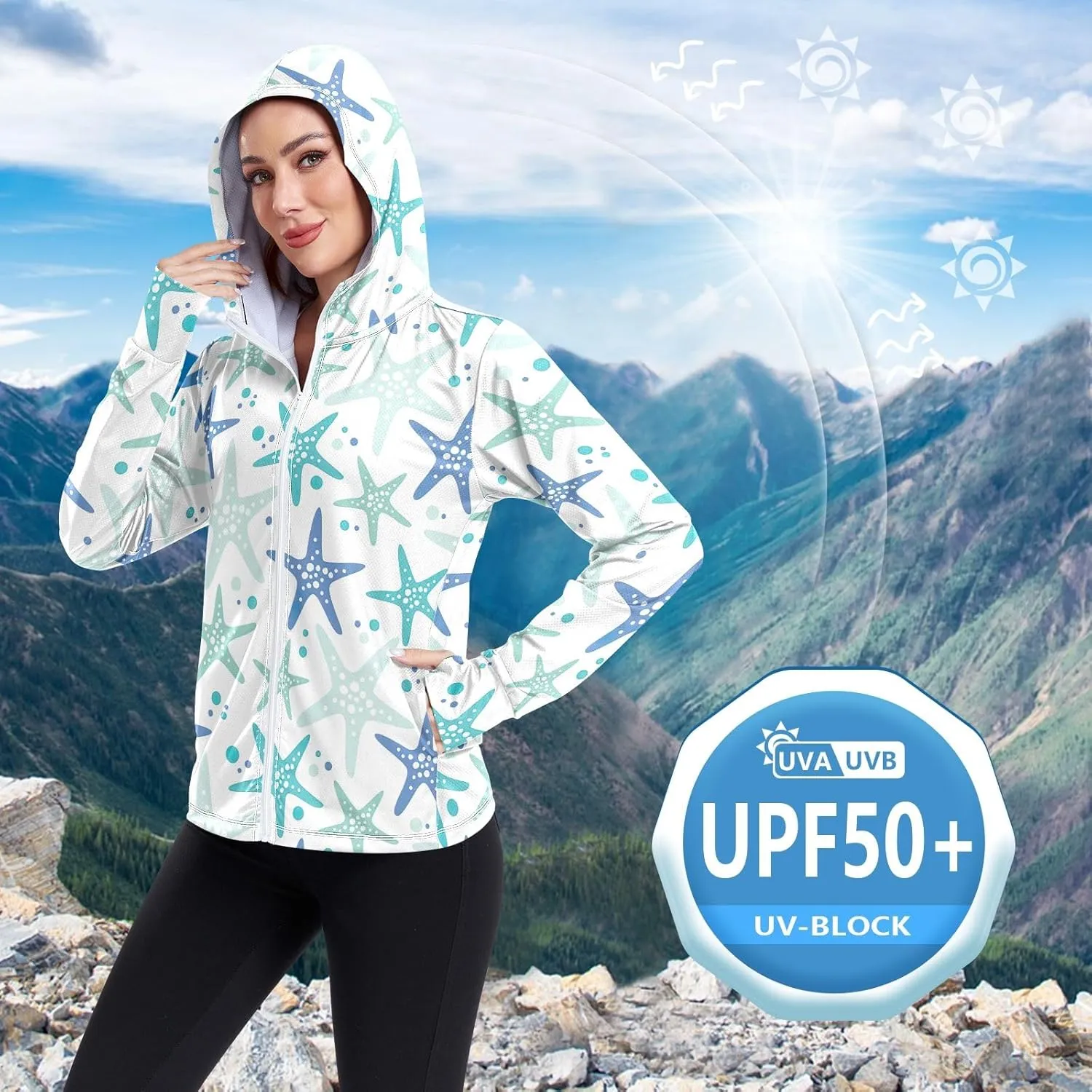 GAIGEO Starfish Blue Green Women Jacket UPF 50  Lightweight Upf Clothing Women, Breathable Fabric, S