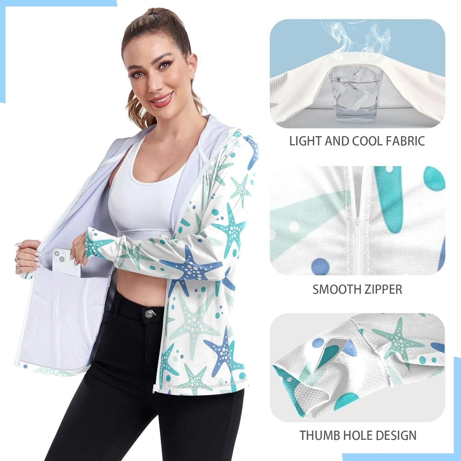 GAIGEO Starfish Blue Green Women Jacket UPF 50  Lightweight Upf Clothing Women, Breathable Fabric, S