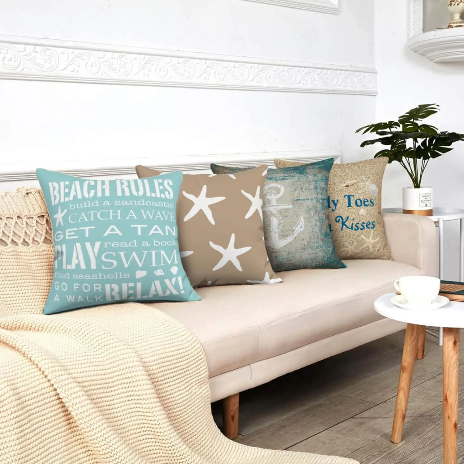 GALMAXS7 Set of 4 Coastal Pillow Covers 16x16 Inches Decorative Pillow Covers Beach Starfish Nautical Anchor Cushion Covers for Sofa Bedroom Living Room