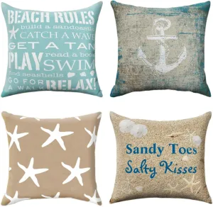 GALMAXS7 Set of 4 Coastal Pillow Covers 16x16 Inches Decorative Pillow Covers Beach Starfish Nautical Anchor Cushion Covers for Sofa Bedroom Living Room