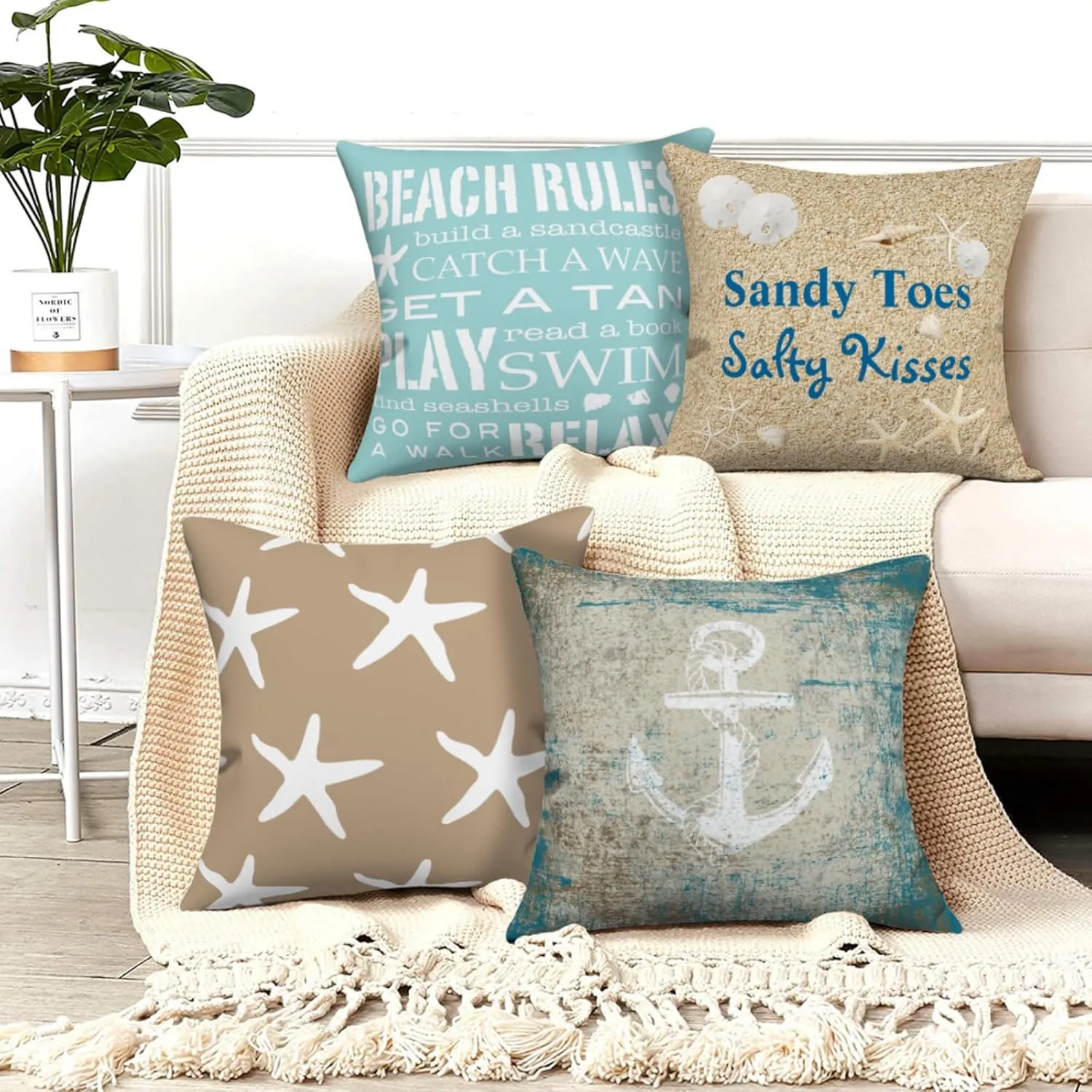 GALMAXS7 Set of 4 Coastal Pillow Covers 16x16 Inches Decorative Pillow Covers Beach Starfish Nautical Anchor Cushion Covers for Sofa Bedroom Living Room