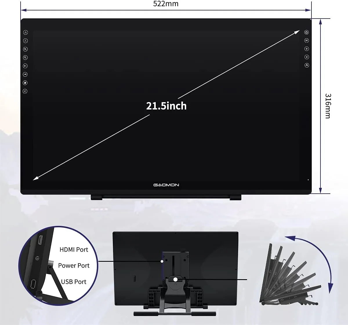 GAOMON PD2200 Drawing Tablet with Screen, Full-Laminated Digital Art Tablet with 8 Touch Buttons, Battery-Free Stylus, Tilt, 130% sRGB, 21.5 inch Graphics Tablet with Stand for Mac, Windows PC