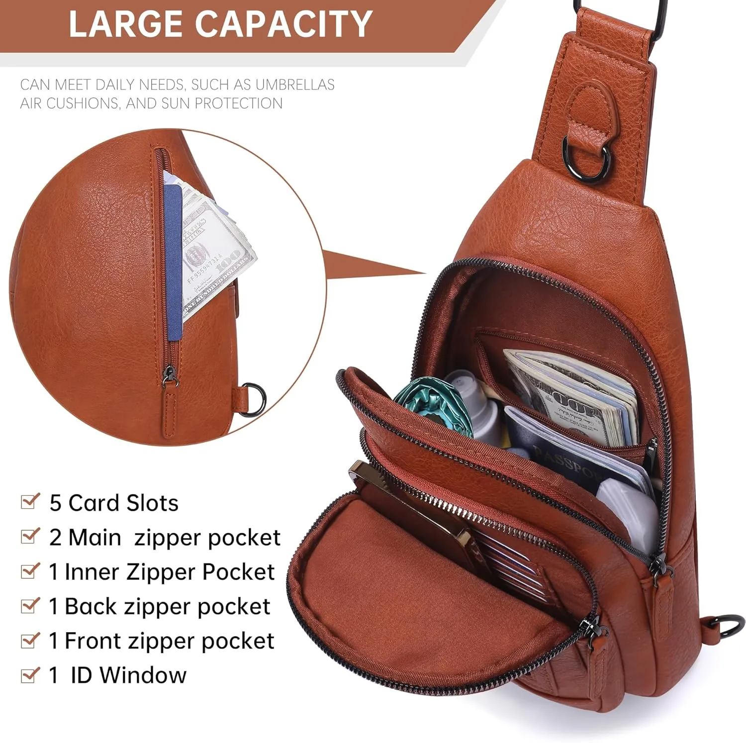 GEEAD Crossbody Sling Bags for Women Vegan Leather Fanny Pack Shoulder Bag Chest Bag Sling Backpack Small Travel Bag