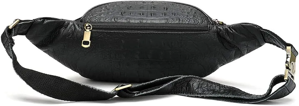 Genuine Leather Extra Large Fanny Pack Plus Size Sling Waist Pack Hip Belt Bag for Women and Men Crocodile Embossed Black