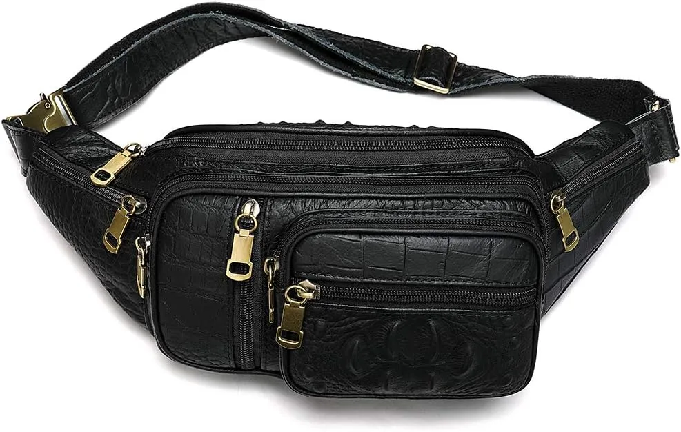 Genuine Leather Extra Large Fanny Pack Plus Size Sling Waist Pack Hip Belt Bag for Women and Men Crocodile Embossed Black