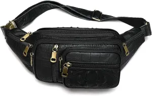Genuine Leather Extra Large Fanny Pack Plus Size Sling Waist Pack Hip Belt Bag for Women and Men Crocodile Embossed Black