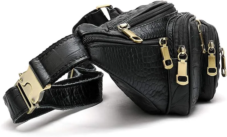 Genuine Leather Extra Large Fanny Pack Plus Size Sling Waist Pack Hip Belt Bag for Women and Men Crocodile Embossed Black