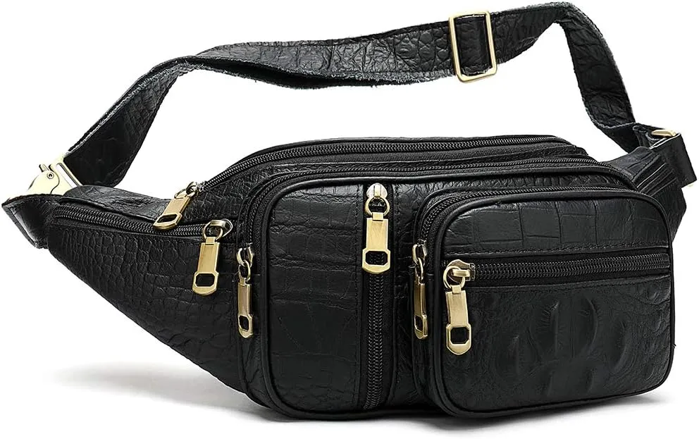 Genuine Leather Extra Large Fanny Pack Plus Size Sling Waist Pack Hip Belt Bag for Women and Men Crocodile Embossed Black